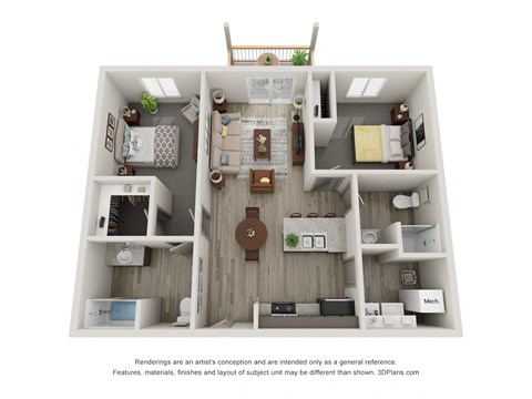 Floor plan for 2 beds, 2 baths, 909 sqft